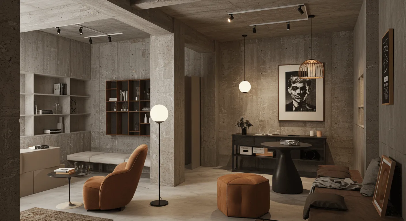 A contemporary brutalist interior